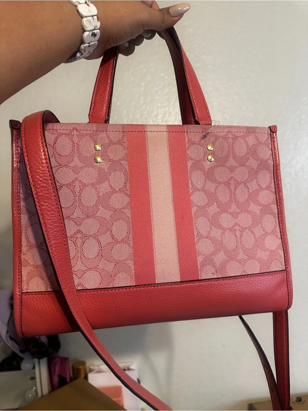 Coach Pink Signature Stripe Tote with Leather Trim